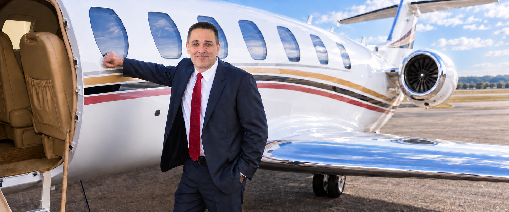 Ben Casso, founder of Bencasso Air Group, beside a private aircraft.