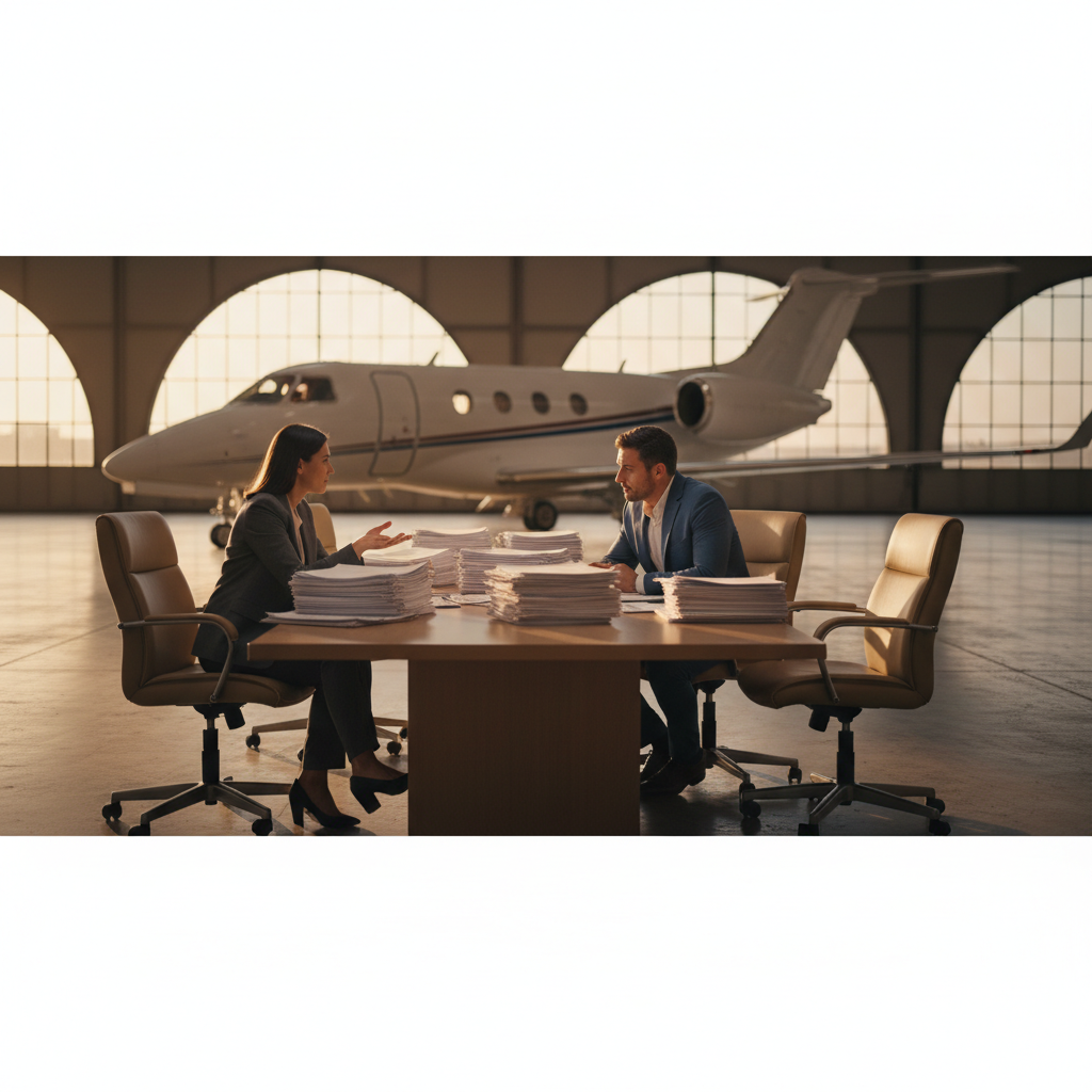 Aircraft acquisition advisor reviewing private jet records and purchase documents