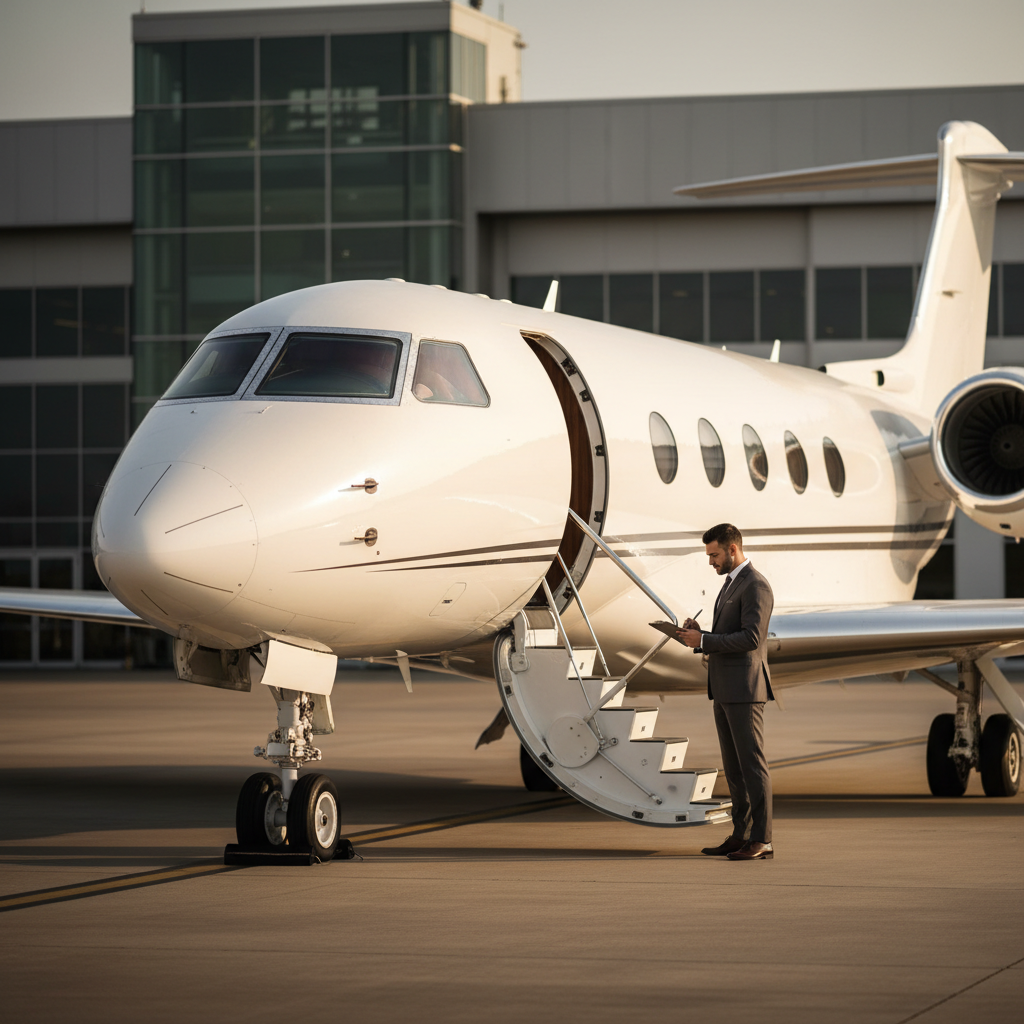 Aviation advisor preparing a private jet for sale in a clean hangar