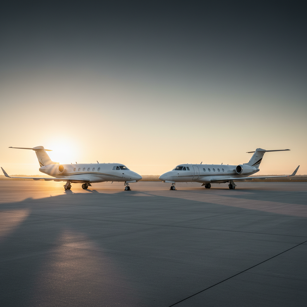 New and pre-owned private aircraft compared on an airport ramp