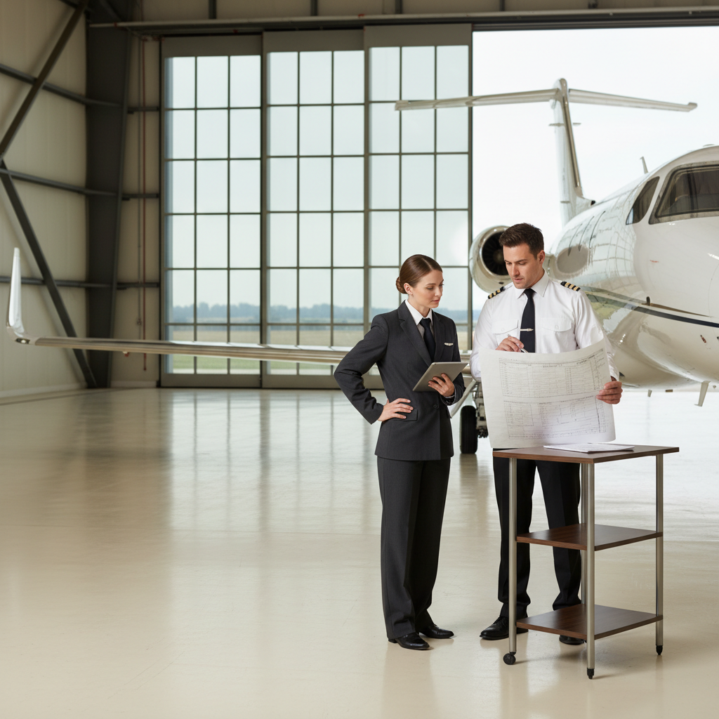 Professional private jet flight crew reviewing training and flight-planning requirements