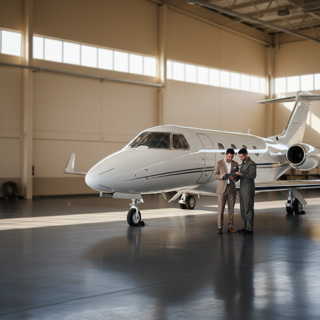 Aviation manager reviewing insurance hangar and management arrangements for a private jet