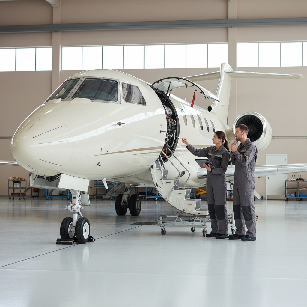 Aviation technicians inspecting a private jet during scheduled maintenance