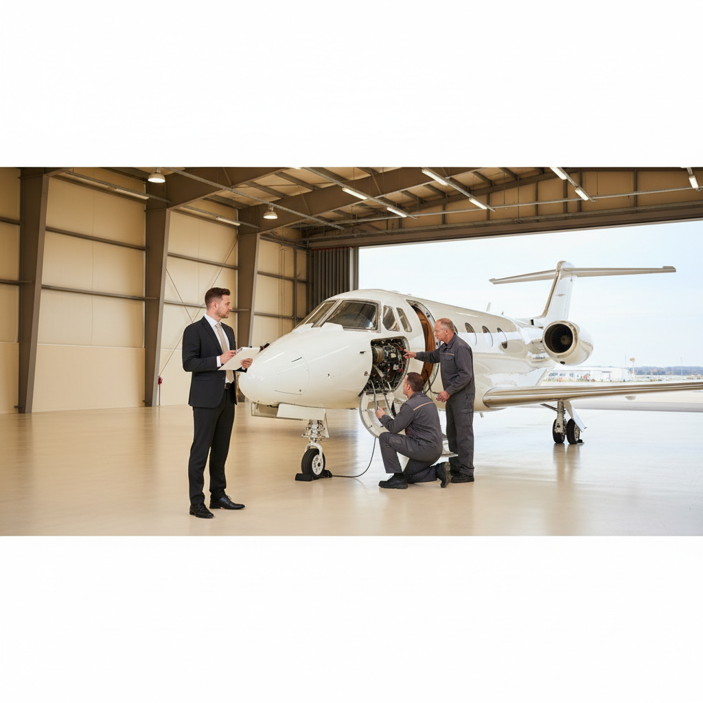 Technicians conducting a pre-purchase inspection of a private jet in a maintenance hangar