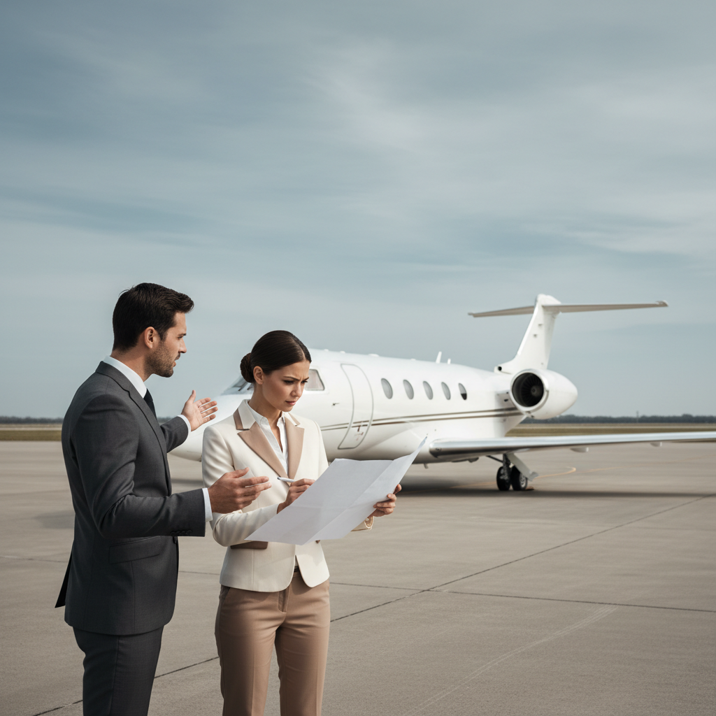 Aviation advisors discussing public and off-market strategies for selling a private aircraft