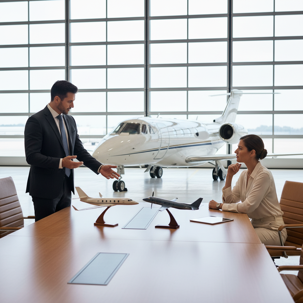 Aircraft acquisition advisor presenting private jet options to a buyer
